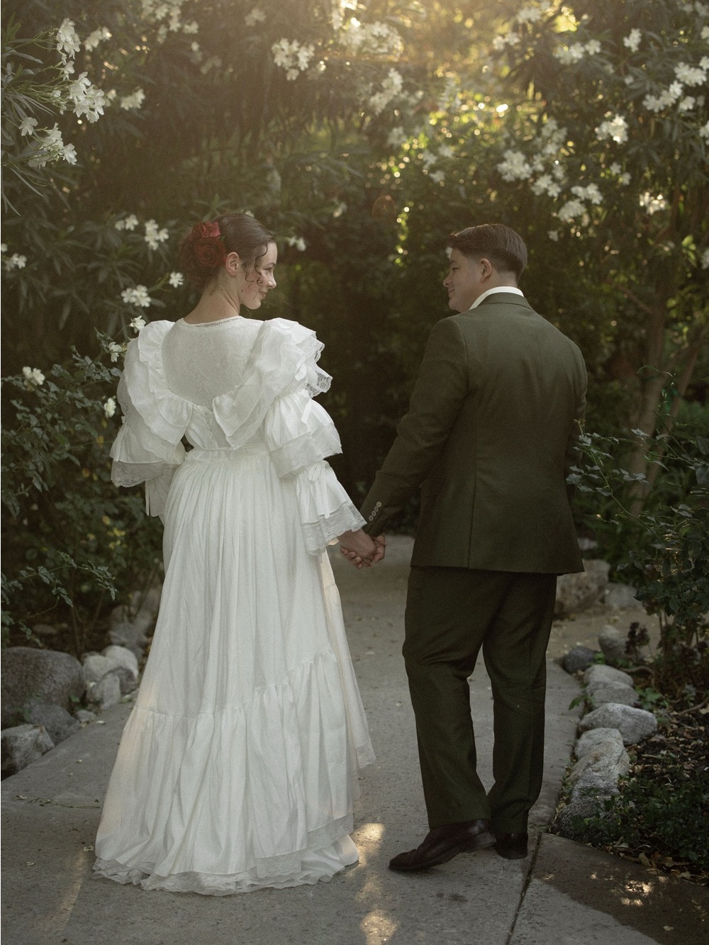 Victorian-Inspired White Ruffle-Sleeve Wedding Dress